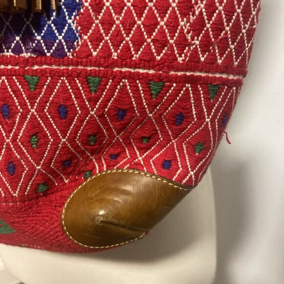 Woven Handmade Multicolor Boho Vegan Leather Trim Tote Bag - Picture 3 of 12